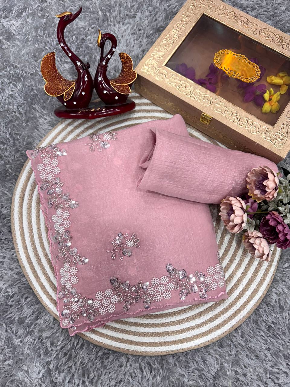 Women's Soft Pink Organza Saree with Delicate Pearl & Sequin Floral Embroidery â Lightweight Sheer Drape for Festive, Wedding & Party Wear - soft blush pink