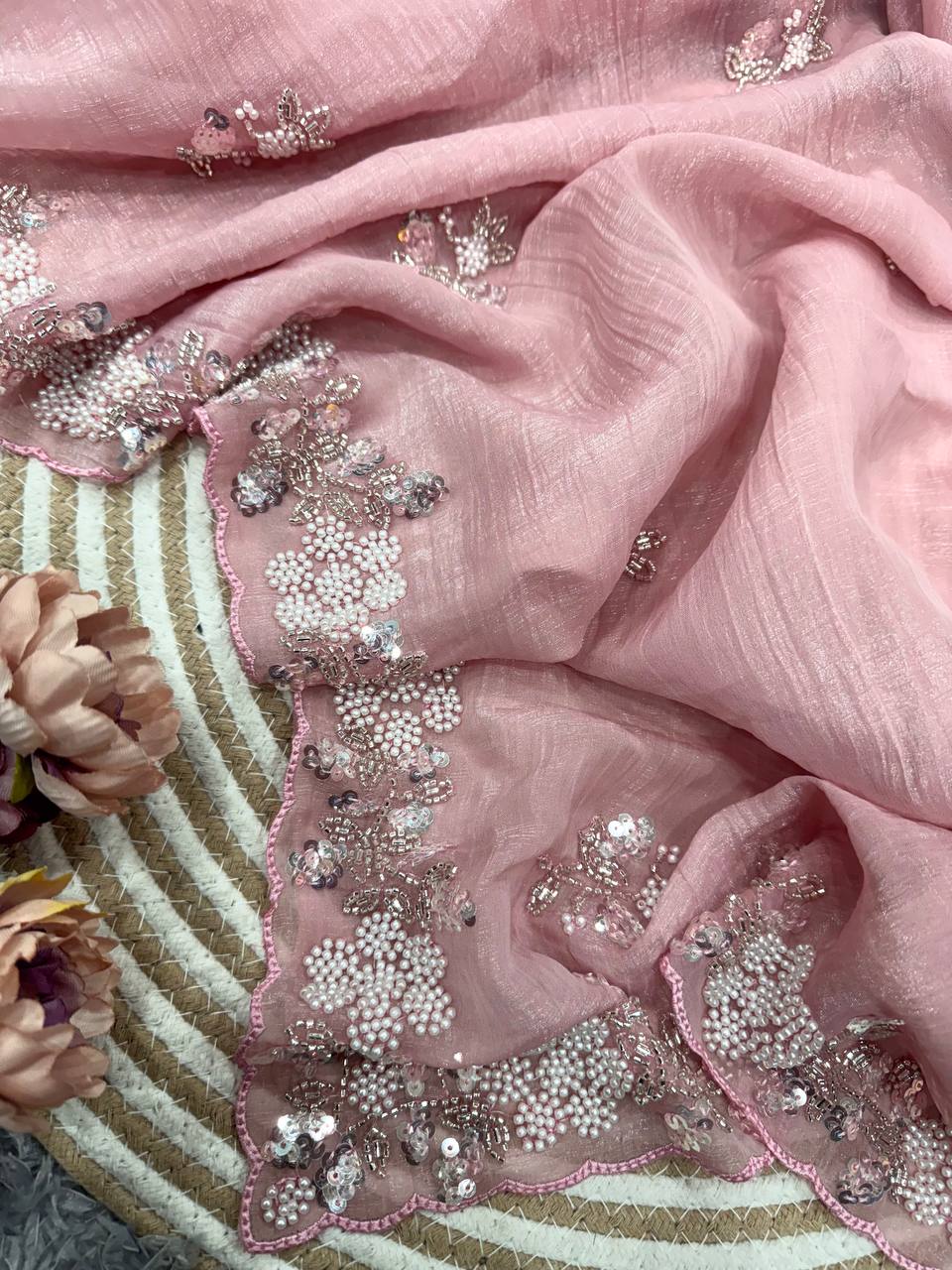 Women's Soft Pink Organza Saree with Delicate Pearl & Sequin Floral Embroidery â Lightweight Sheer Drape for Festive, Wedding & Party Wear