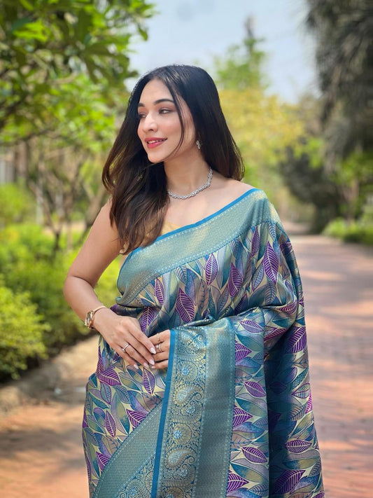 Women's Luxurious Pista Green & Pink Art Silk Saree with Intricate Leaf Weave & Broad Zari Border â Ideal for Festive & Wedding Occasions - Teal/Blue