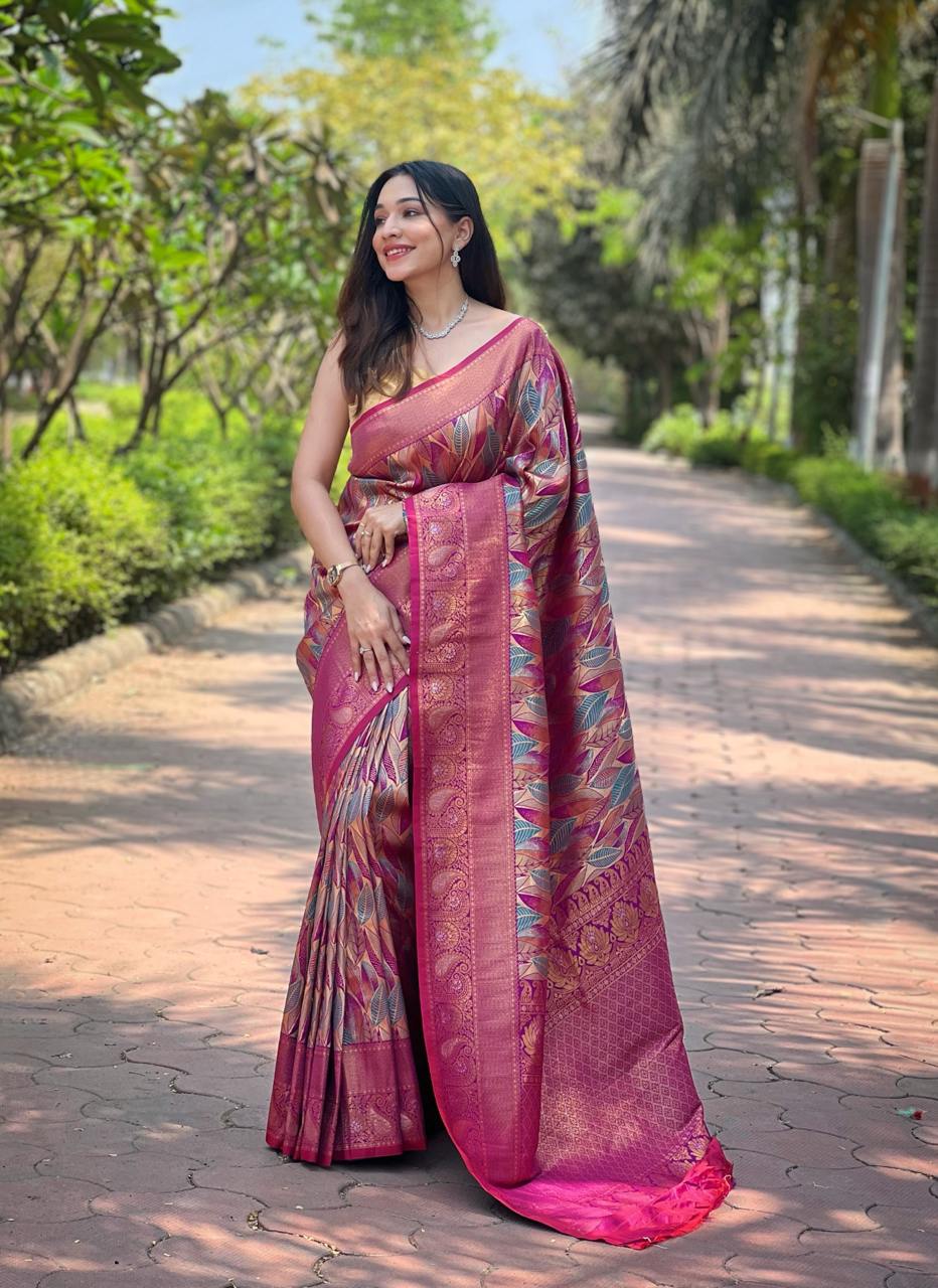 Women's Luxurious Pista Green & Pink Art Silk Saree with Intricate Leaf Weave & Broad Zari Border â Ideal for Festive & Wedding Occasions - Magenta/Pink