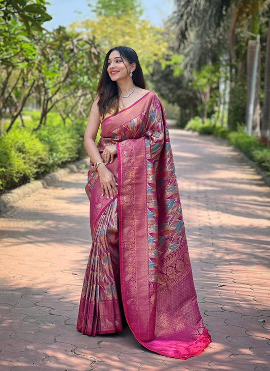 Women's Luxurious Pista Green & Pink Art Silk Saree with Intricate Leaf Weave & Broad Zari Border â Ideal for Festive & Wedding Occasions - Magenta/Pink