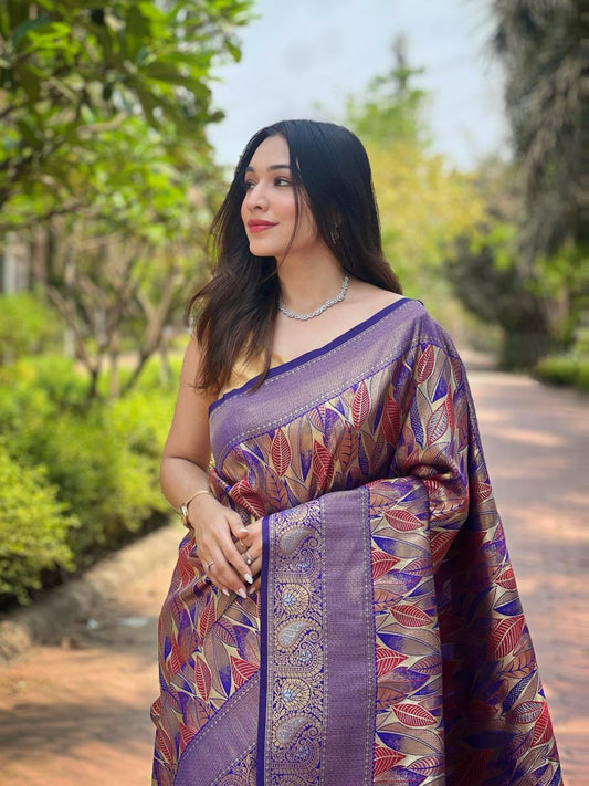 Women's Luxurious Pista Green & Pink Art Silk Saree with Intricate Leaf Weave & Broad Zari Border â Ideal for Festive & Wedding Occasions - Purple