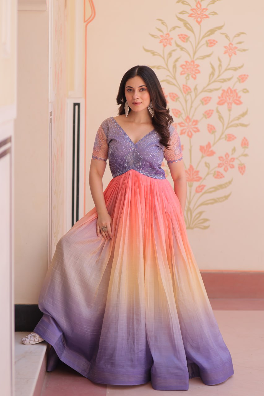 Women's Dual-Tone Ombre Gown in Candy Pink & Aqua Green with Embroidered Bodice â Festive & Contemporary Wear - Lavender/Light Purple, M (38)