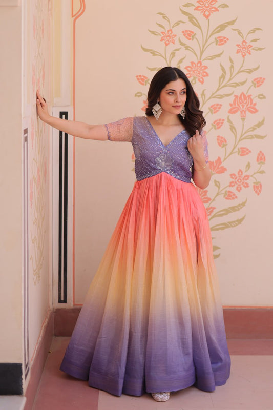 Women's Dual-Tone Ombre Gown in Candy Pink & Aqua Green with Embroidered Bodice â Festive & Contemporary Wear - Lavender/Light Purple, L (40)