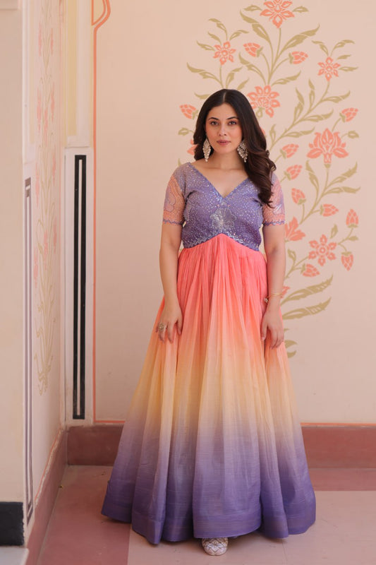 Women's Dual-Tone Ombre Gown in Candy Pink & Aqua Green with Embroidered Bodice â Festive & Contemporary Wear - Lavender/Light Purple, XL (42)