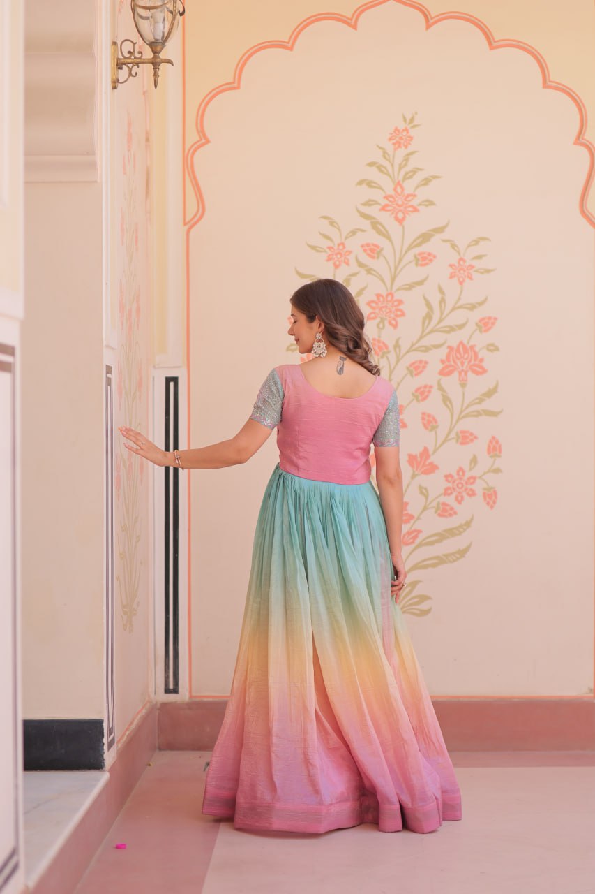Women's Dual-Tone Ombre Gown in Candy Pink & Aqua Green with Embroidered Bodice â Festive & Contemporary Wear - Light And Aqua, M (38)