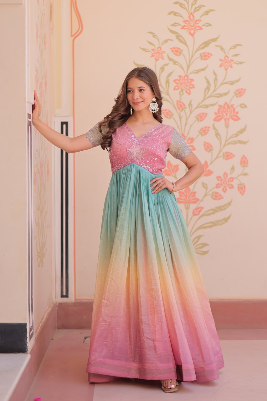 Women's Dual-Tone Ombre Gown in Candy Pink & Aqua Green with Embroidered Bodice â Festive & Contemporary Wear - Light And Aqua, L (40)