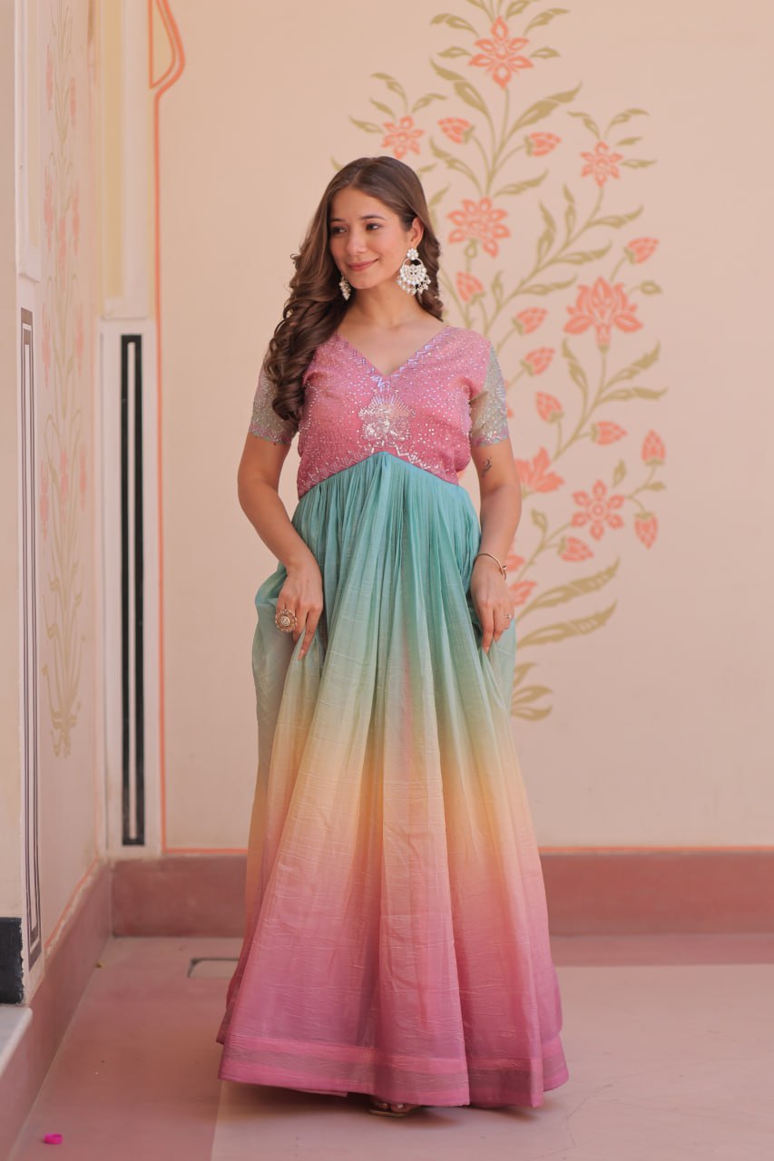 Women's Dual-Tone Ombre Gown in Candy Pink & Aqua Green with Embroidered Bodice â Festive & Contemporary Wear - Light And Aqua, XXL (44)