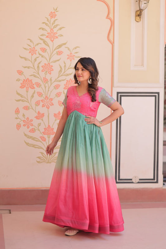 Women's Dual-Tone Ombre Gown in Candy Pink & Aqua Green with Embroidered Bodice â Festive & Contemporary Wear - Pink And Teal/Mint Green, XL (42)