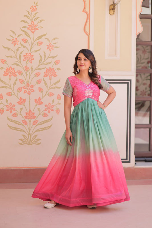 Women's Dual-Tone Ombre Gown in Candy Pink & Aqua Green with Embroidered Bodice â Festive & Contemporary Wear - Pink And Teal/Mint Green, L (40)