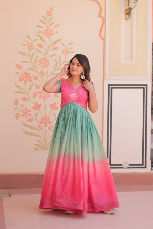 Women's Dual-Tone Ombre Gown in Candy Pink & Aqua Green with Embroidered Bodice â Festive & Contemporary Wear - Pink And Teal/Mint Green, M (38)