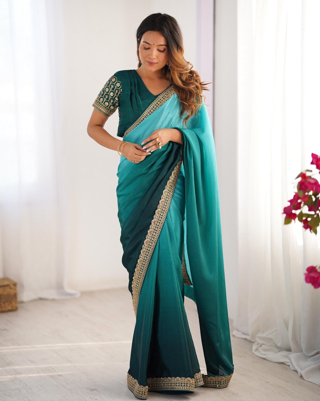 Women's Elegant Ombre Green Georgette Saree with Intricate Golden Zari & Stone Embellishments â Complete with Heavily Worked Blouse for Festive & Wedding Wear - Teal And Turquoise Shades