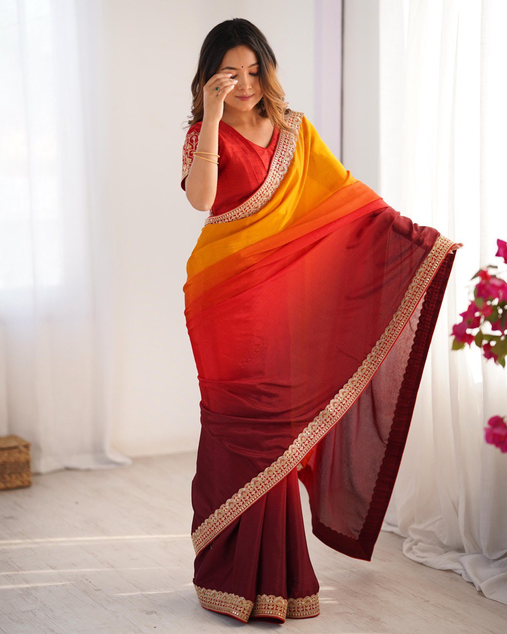Women's Elegant Ombre Green Georgette Saree with Intricate Golden Zari & Stone Embellishments â Complete with Heavily Worked Blouse for Festive & Wedding Wear - Orange, Red, and Maroon shades