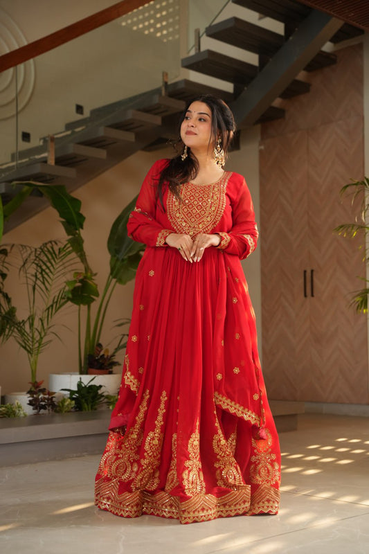 Women's Radiant Red Anarkali Suit Set with Golden Zari & Sequin Embroidery â Perfect for Festive & Wedding Occasions - Red, L (40)