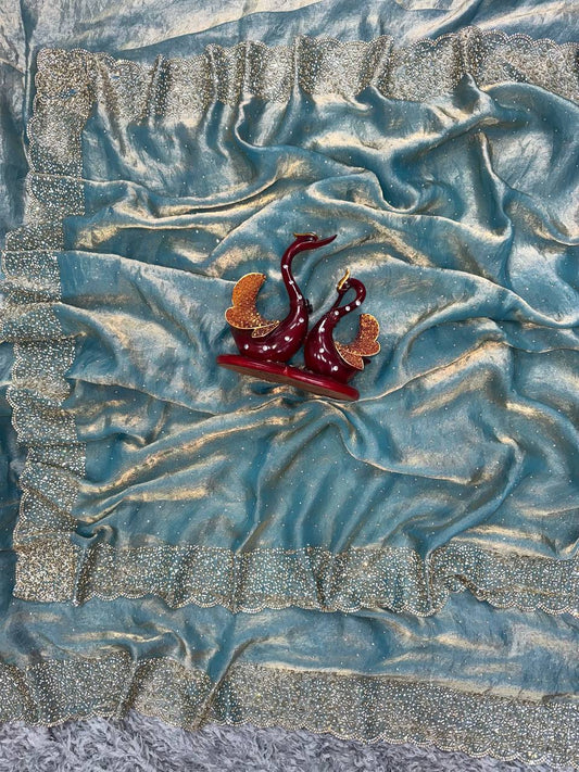 Women's Shimmering Ice Blue Georgette Saree with All-Over Diamond & Sequin Embellishments â Complete with Heavily Worked Border for Festive & Wedding Wear - Light Blue/Sky Blue.