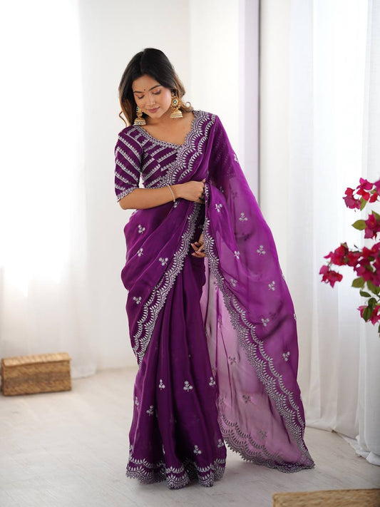 Women's Elegant Regal Purple Georgette Saree with Intricate Silver Thread & Sequin Embroidery â Complete with Embellished Blouse Piece for Festive & Party Wear - Purple