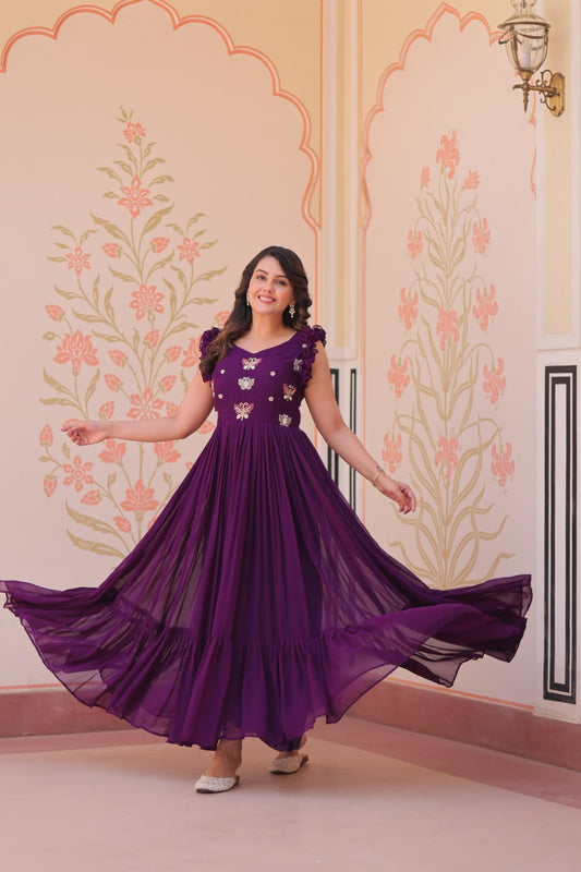 Women's Elegant Plum Purple Georgette Anarkali Gown with Butterfly Applique & Ruffle Sleeves â Festive & Special Occasion Wear
