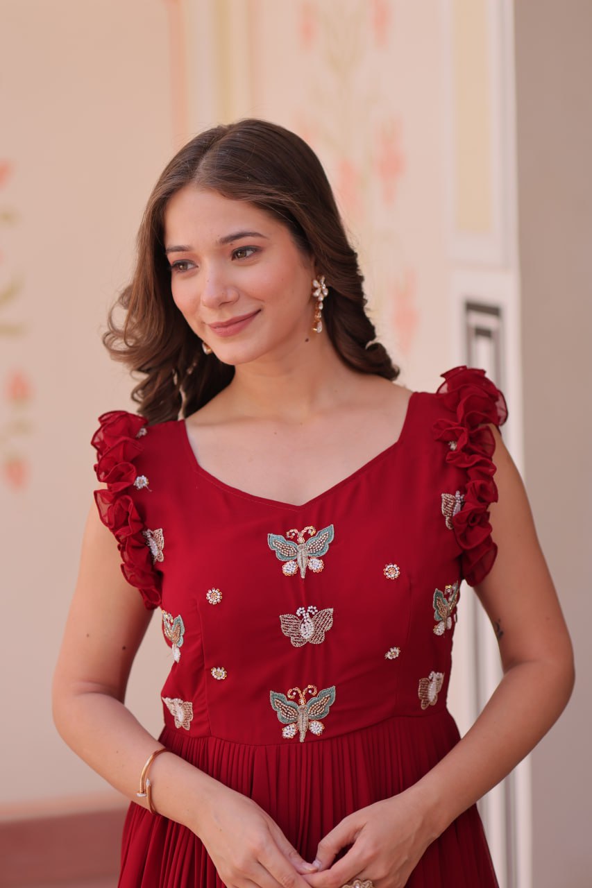 Women's Elegant Plum Purple Georgette Anarkali Gown with Butterfly Applique & Ruffle Sleeves â Festive & Special Occasion Wear - Maroon, M (38)