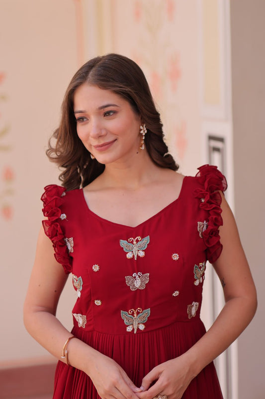 Women's Elegant Plum Purple Georgette Anarkali Gown with Butterfly Applique & Ruffle Sleeves â Festive & Special Occasion Wear - Maroon, M (38)