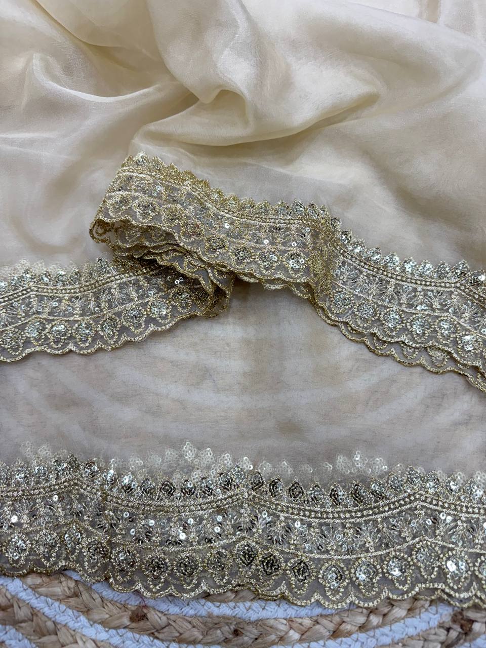 Luxurious Ivory Organza Dupatta with Heavy Golden Sequin & Zari Cutwork Border â Perfect for Weddings & Festive Layering - Cream/Light Gold