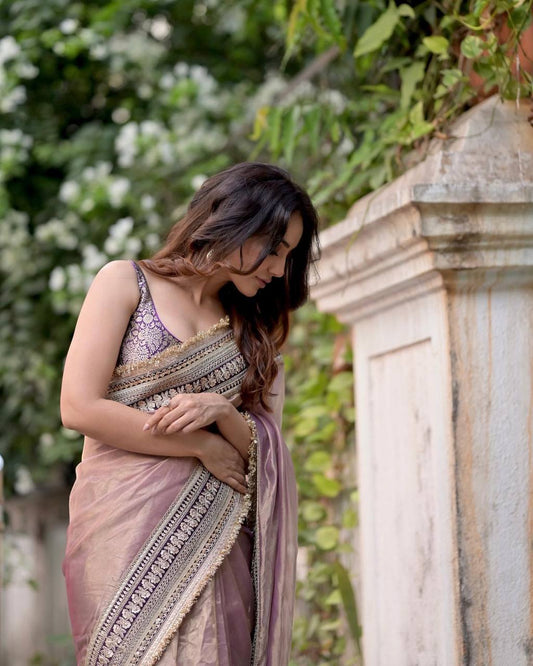 Women's Luxurious Mauve & Purple Art Silk Saree with Intricate Golden Zari & Broad Embroidered Border â Complete with Brocade Blouse for Festive & Wedding Wear - Mauve/Lavender