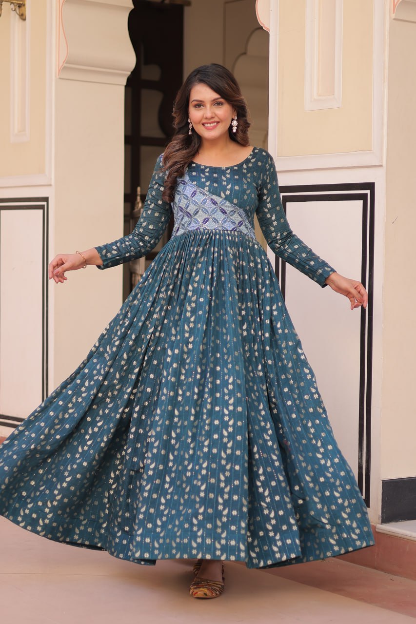 Women's Festive Berry Purple Printed Anarkali Gown with Intricate Zari Work & Embellished Yoke â Perfect for Traditional & Celebration Wear - Bluish-Green, XL (42)