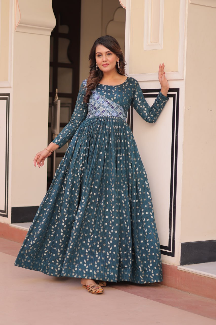 Women's Festive Berry Purple Printed Anarkali Gown with Intricate Zari Work & Embellished Yoke â Perfect for Traditional & Celebration Wear - Bluish-Green, L (40)