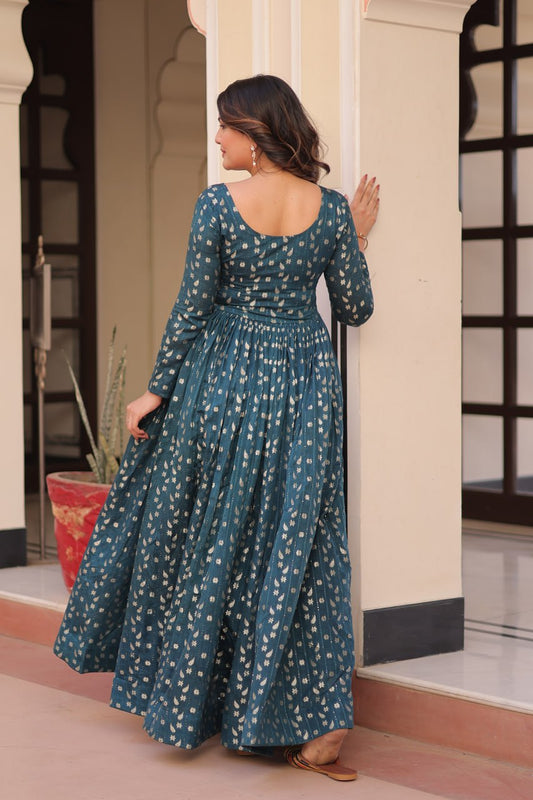 Women's Festive Berry Purple Printed Anarkali Gown with Intricate Zari Work & Embellished Yoke â Perfect for Traditional & Celebration Wear - Bluish-Green, M (38)