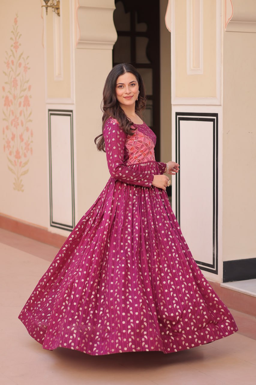 Women's Festive Berry Purple Printed Anarkali Gown with Intricate Zari Work & Embellished Yoke â Perfect for Traditional & Celebration Wear