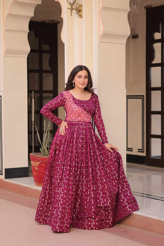 Women's Festive Berry Purple Printed Anarkali Gown with Intricate Zari Work & Embellished Yoke â Perfect for Traditional & Celebration Wear - Deep Magenta, M (38)