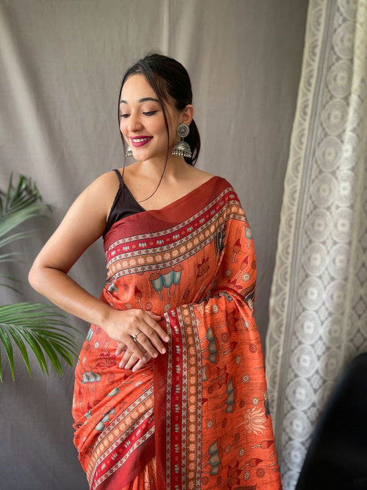 Women's Artistic Terracotta Orange Linen Saree with Kalamkari Inspired Print & Tassel Detailing â Perfect for Casual Festivities & Cultural Events