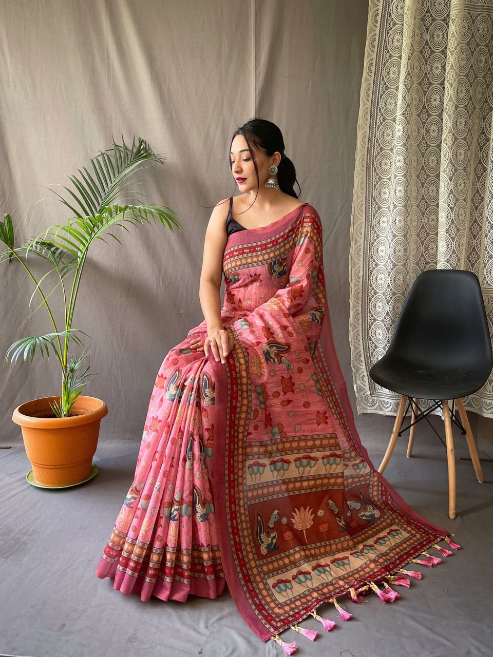 Women's Artistic Terracotta Orange Linen Saree with Kalamkari Inspired Print & Tassel Detailing â Perfect for Casual Festivities & Cultural Events - Pink