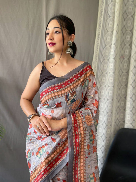 Women's Artistic Terracotta Orange Linen Saree with Kalamkari Inspired Print & Tassel Detailing â Perfect for Casual Festivities & Cultural Events - Grey