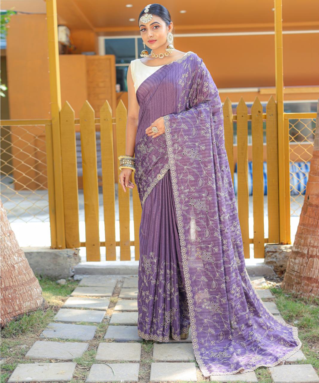 Women's Royal Prussian Blue Georgette Saree with Intricate Silver Thread & Mirror Work Embroidery â Perfect for Festive & Wedding Celebrations - Purple And Lavender