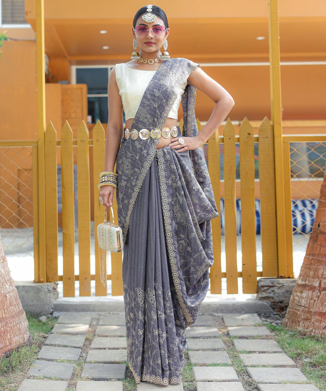 Women's Royal Prussian Blue Georgette Saree with Intricate Silver Thread & Mirror Work Embroidery â Perfect for Festive & Wedding Celebrations - Grey