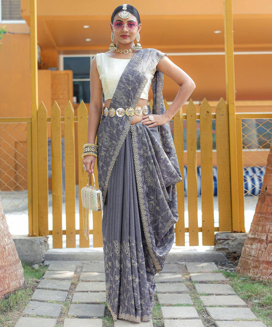 Women's Royal Prussian Blue Georgette Saree with Intricate Silver Thread & Mirror Work Embroidery â Perfect for Festive & Wedding Celebrations - Grey