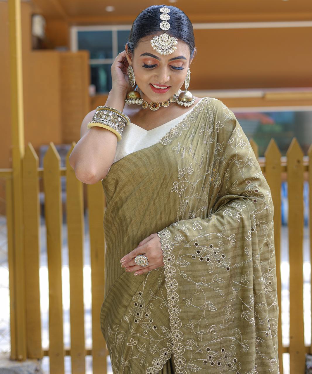 Women's Royal Prussian Blue Georgette Saree with Intricate Silver Thread & Mirror Work Embroidery â Perfect for Festive & Wedding Celebrations - Olive Green/Khaki Green