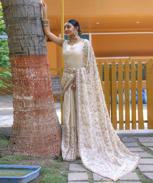 Women's Royal Prussian Blue Georgette Saree with Intricate Silver Thread & Mirror Work Embroidery â Perfect for Festive & Wedding Celebrations - Cream/Off-White