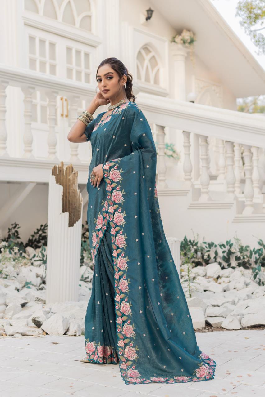 Women's Pristine White Organza Saree with Exquisite Pink & Green Floral Thread Embroidery â Complete with Matching Embroidered Blouse for Festive & Summer Wear - Teal Blue
