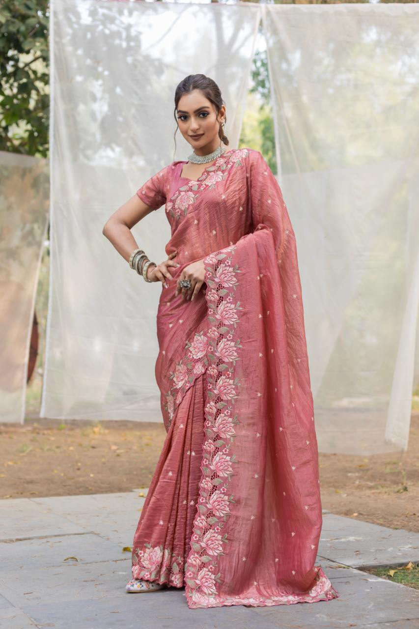 Women's Pristine White Organza Saree with Exquisite Pink & Green Floral Thread Embroidery â Complete with Matching Embroidered Blouse for Festive & Summer Wear