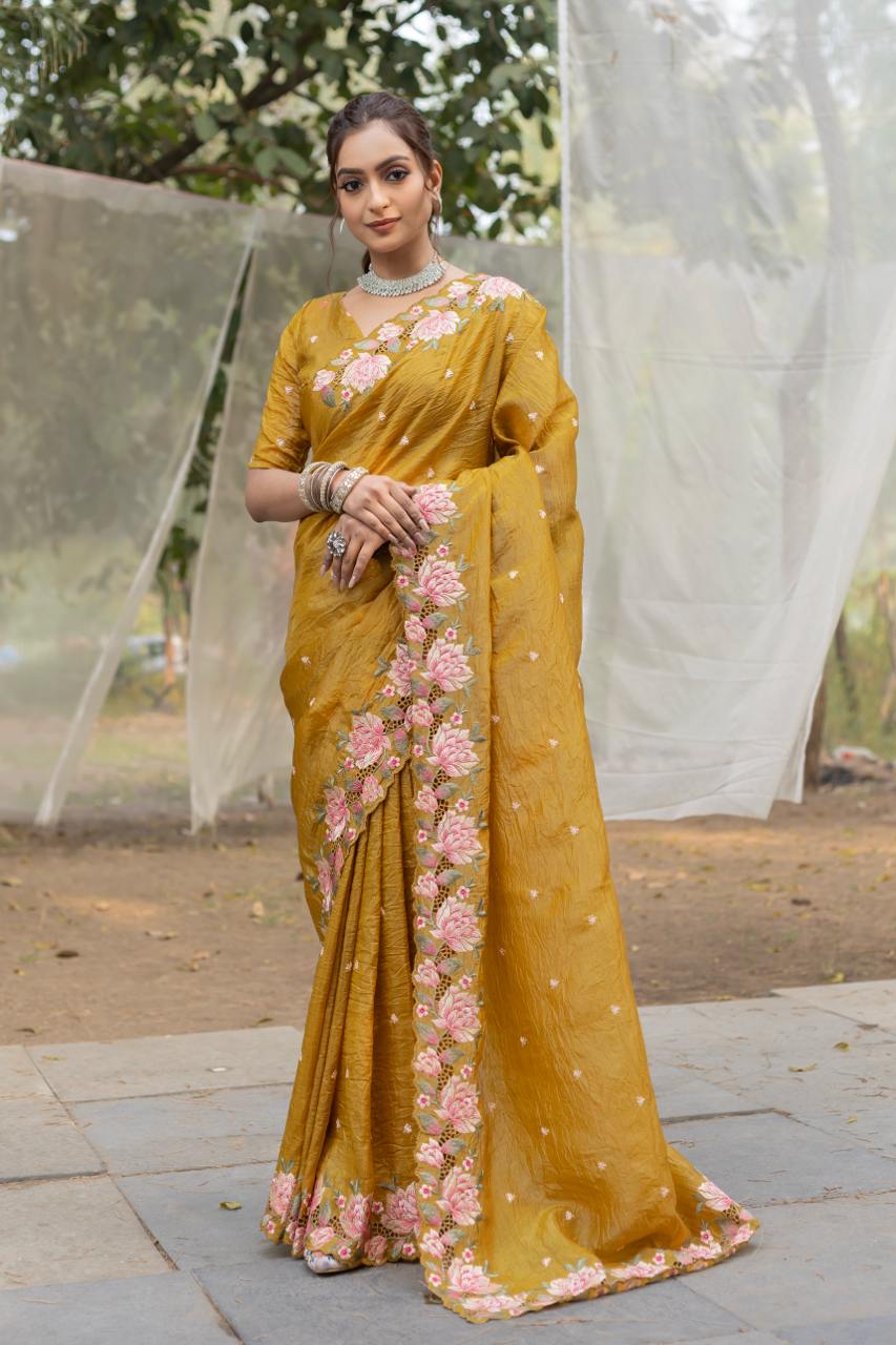Women's Pristine White Organza Saree with Exquisite Pink & Green Floral Thread Embroidery â Complete with Matching Embroidered Blouse for Festive & Summer Wear - Mustard Yellow