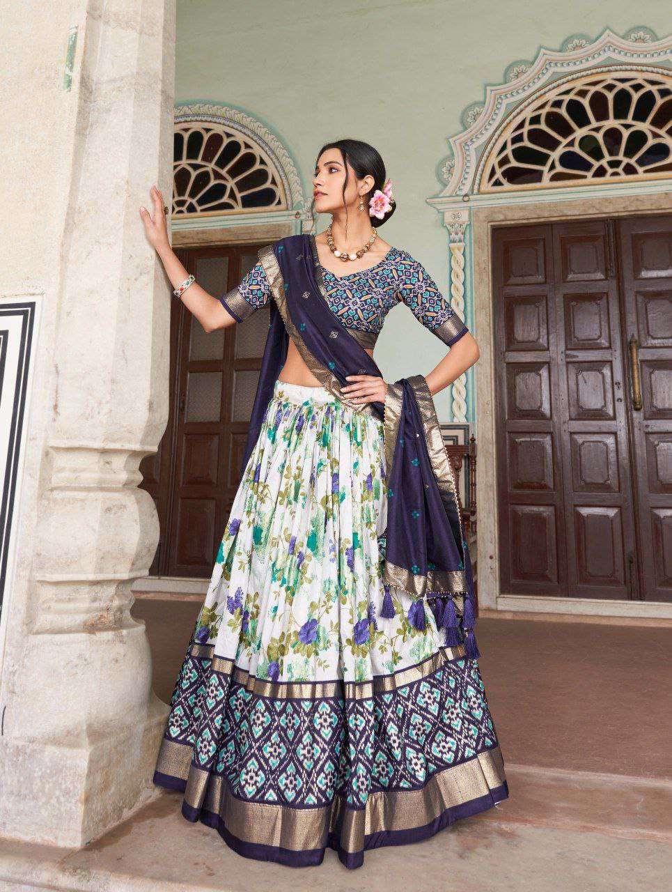 Women's Tussar Silk Patola Print Lehenga Choli with Dupatta ? Foil Work Stitched Lehenga Set - Navy Blue