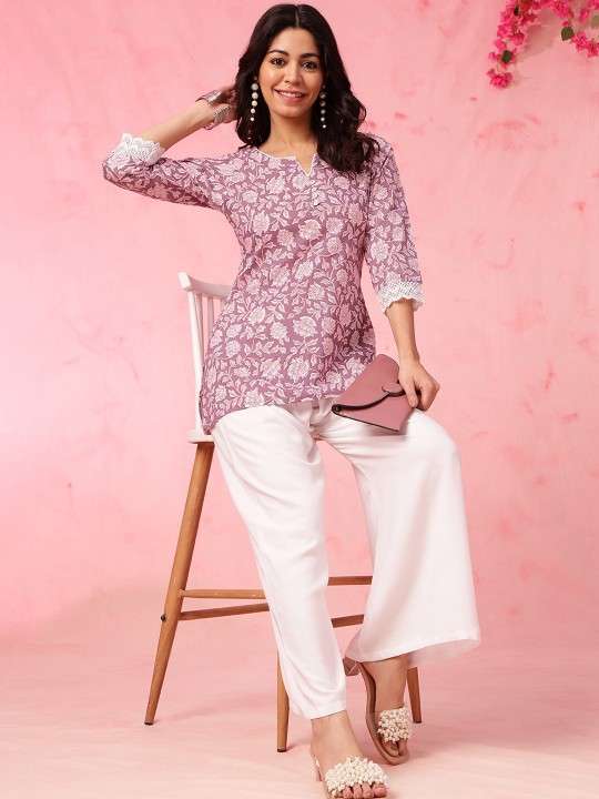 Women's Rayon Floral Printed Straight Short Kurti Set - XL