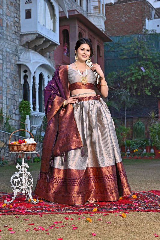 Women's Tussar Silk Patola Print Lehenga Choli Dupatta Set - Grey