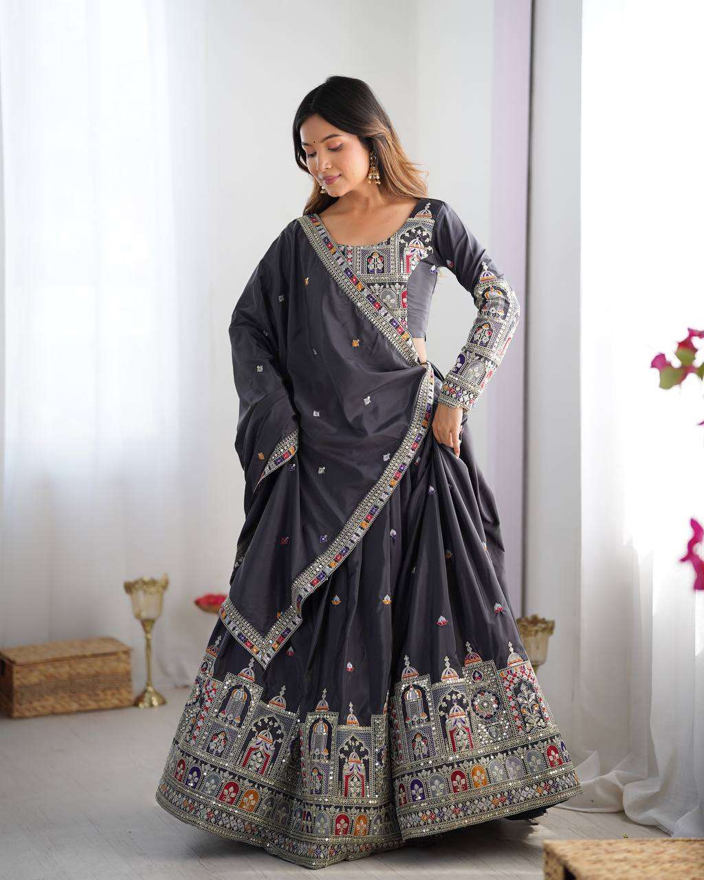 Women's Crepe Silk Sequence Embroidery and Zari Work Rajsthani Lehenga Choli with Dupatta - Black, XL