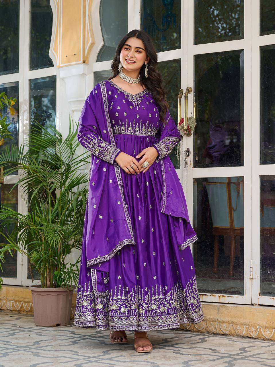 Women's American Silk Sequence Embroidery Long Anarkali Kurti (Gown) With Dupatta - Purple, XL