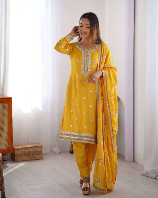 Women's Chinon Silk Embroidered Straight Kurti with Pant And Dupatta Set - Yellow, XXL