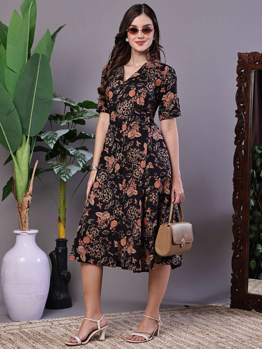 Women's Chic Black & Rust Floral Print Button-Front Midi Dress - M