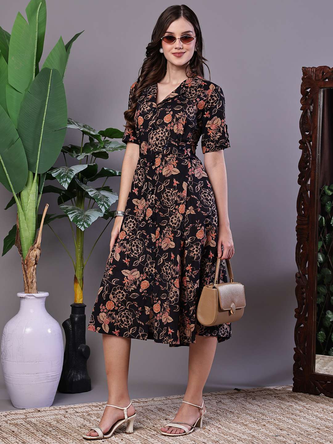 Women's Chic Black & Rust Floral Print Button-Front Midi Dress - XXL