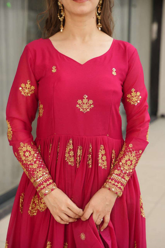 Womenâs Ethnic Anarkali Style Floor-Length Gown in Magenta with Golden Zari Embroidery â Festive & Wedding Wear - Dark Pink, XL (42)